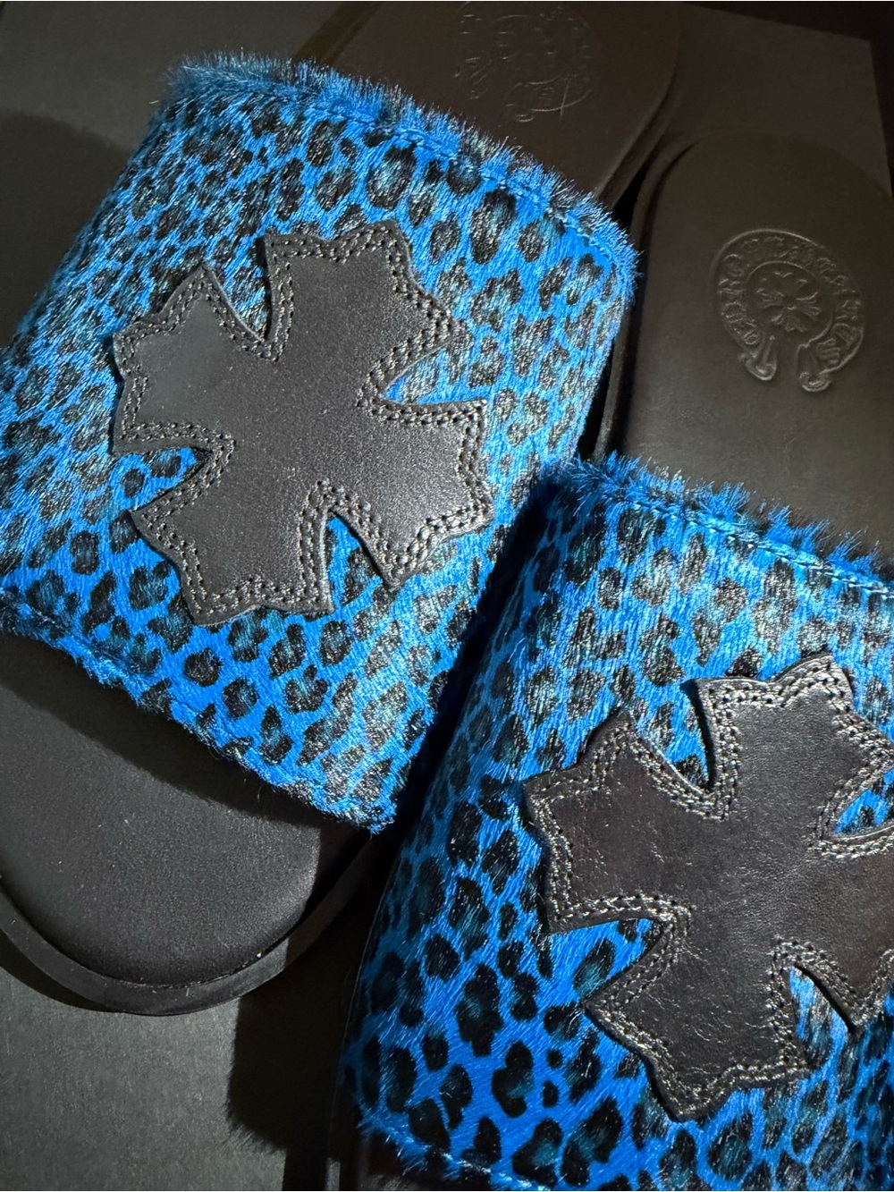 Chrome Hearts Blue Leopard Print Slide Sandals with Black Cross Patch